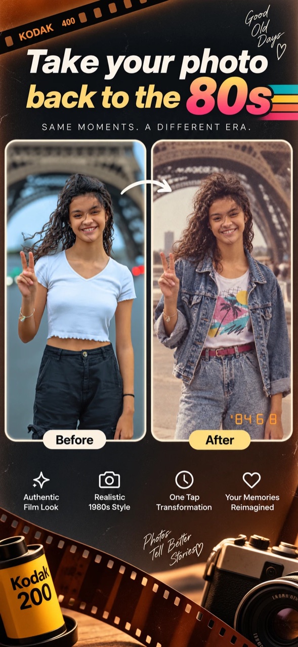 Retro Lens before and after: a photo in front of the Eiffel Tower re-shot as a 1984 print, denim jacket and date stamp